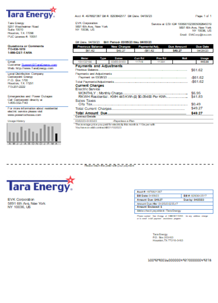 Tara Energy utility business bill, SCR PSD template